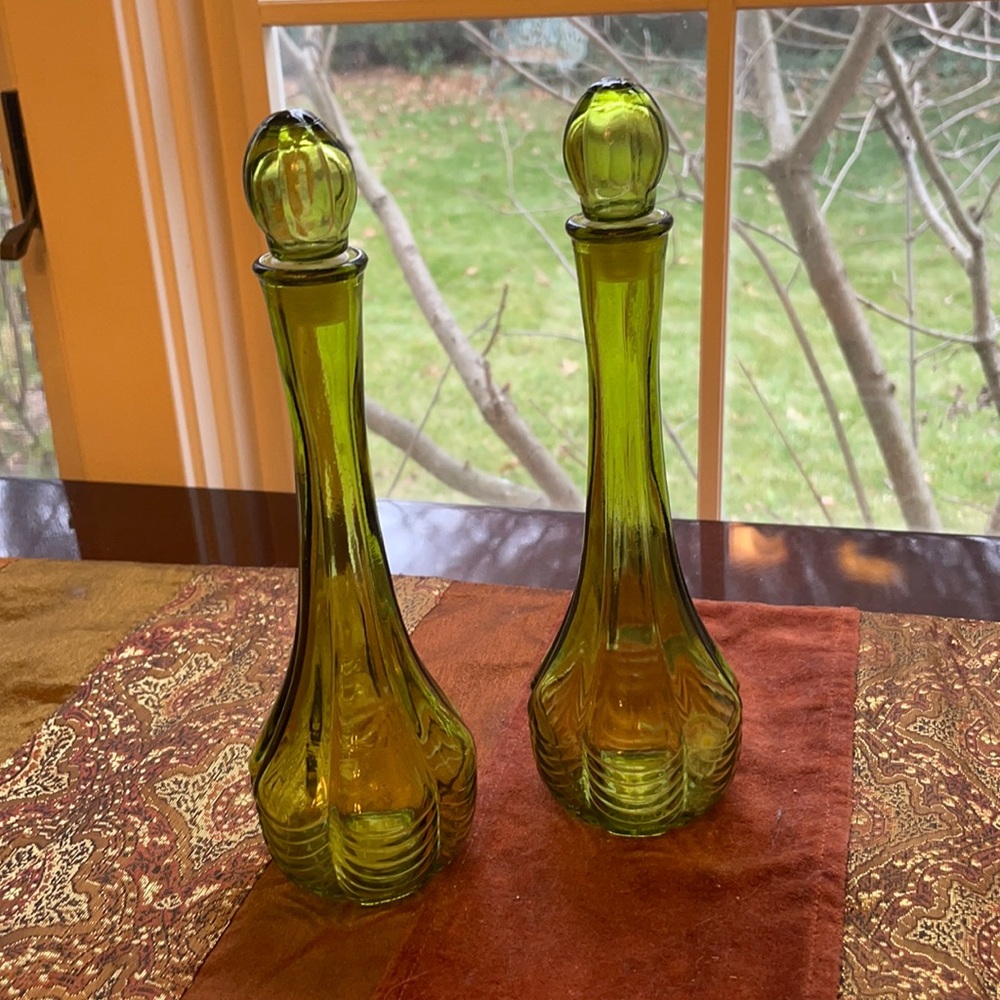 Vintage Avon Bird of Paradise sea green decanter set, Bud vase, oil/vinegar